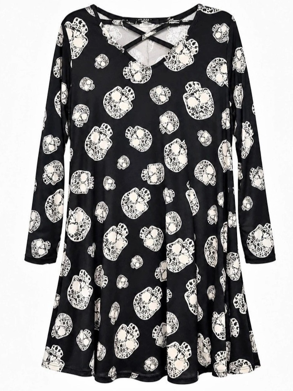 zeagoo Black and White Skull Print Long Sleeve Swing Dress Size Large